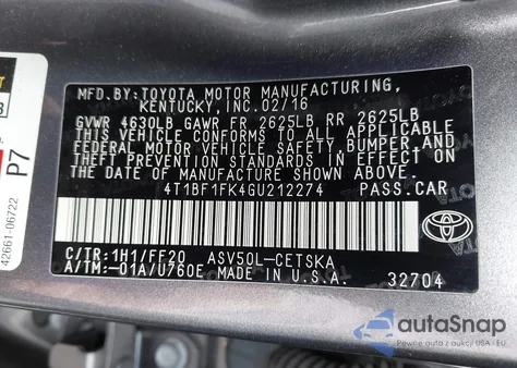 2016 Toyota Camry Se from USA, damaged, VIN 4T1BF1FK4GU212274